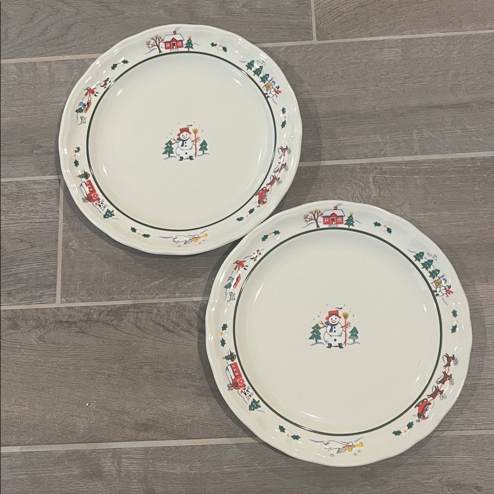 Pfaltzgraff Snow Village Dinner Plate Set of Two snowman winter scene Christmas